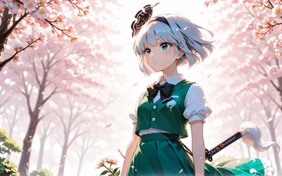 Youmu Konpaku, 4k, spring, Touhou, cherry blossom, manga, Touhou characters, Konpaku Youmu, anime characters, Youmu Konpaku Touhou