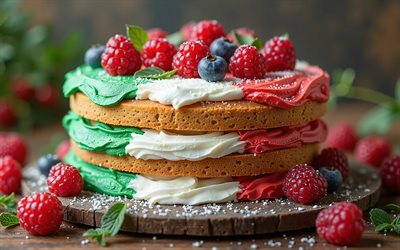 italienische flagge auf kuchen gemalt, 4k, italienische flagge, backen, italien, kuchen mit beeren, flagge italiens, kuchen mit der italienischen flagge, festa della repubblica, kuchen wie italienische flagge, tag der republik