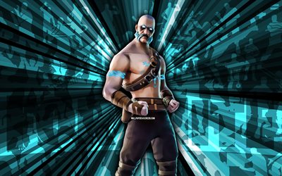 4k, Base Ragnarok, blue rays background, Base Ragnarok Skin, Base Ragnarok Fortnite, abstract art, Fortnite Base Ragnarok Skin, Fortnite characters, Fortnite, creative art