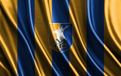 4k, mansfield town fc logosu, birinci lig, sarı mavi ipek dokusu, mansfield town fc bayrağı, ingiliz futbol kulübü, futbol, ipek bayrağı, mansfield town fc amblemi, ingiltere, mansfield town fc rozeti, mansfield town fc