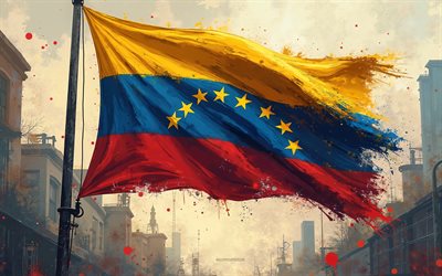 bandeira venezuelana, 4k, bandeira da venezuela no mastro da bandeira, bandeira de tinta venezuelana, arte grunge, bandeira da venezuela, venezuela