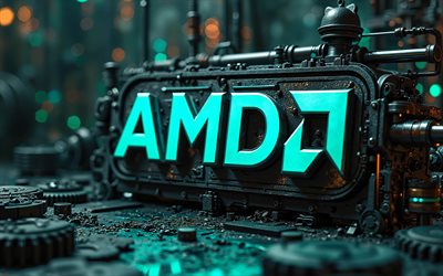 4k, amdターコイズネオンロゴ, ボケ, 工場, 金属の背景, ターコイズネオンライト, amd 3dロゴ, アートワーク, amdメタルロゴ, amdロゴ, エレクトロニクスブランド, amd