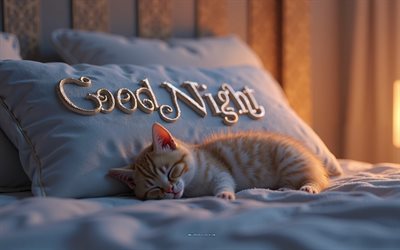 gute nacht, 4k, nettes ingwerkätzchen, schlafkätzchen, gute nachtwunsch, gute nachtkonzepte, nacht, kleine katze
