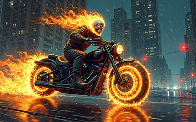 4k, ゴーストライダー, 火の炎, スーパーヒーロー, レゴアート, マーベルコミック, ゴーストライダー3d, ナイトスケープ, 3dアート, ファンアート, ゴーストライダー4k