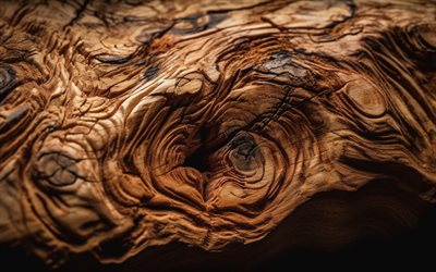 4k, texture in legno marrone, avvicinamento, onde 3d woodem, bokeh, legno duro, macro, crepe in legno, trame di legno, sfondo di legno marrone, consistenza in legno ondulato, trame naturali