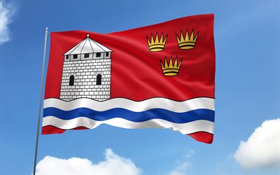 Kingston flag on flagpole, 4K, Canadian cities, blue sky, flag of Kingston, wavy satin flags, Kingston flag, cities of Canada, flagpole with flags, Day of Kingston, Canada, Kingston
