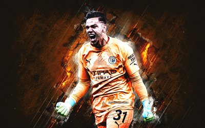 ederson, manchester city fc, calciatore brasiliano, portiere, ederson man city, sfondo di pietra arancione, grunge art, uomo città, premier league, inghilterra, calcio, ederson santana de moraes, ederson manchester city