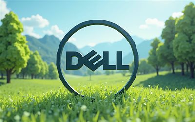 logotipo de dell 3d, 4k, polígono 3d paisajismo de verano, dell emblema, árboles de polígono verde, logotipo de dell, montaña, dar a luz