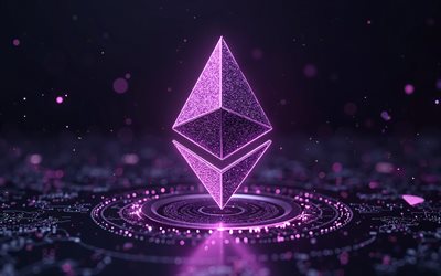 ethereum purple glitterロゴ, 4k, 紫のハイテク背景, ブロックチェーン, マイクロサーキット, 導体, マイクロサーキットのイーサリアムロゴ, ブランド, 暗号通貨, ethereum 3dロゴ, アートワーク, ethereumロゴ, イーサリアム