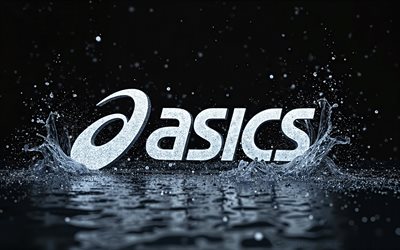 Asics glitter logo, 4k, water splashes, black backgrounds, fashion brands, Asics 3D logo, Asics white logo, creative, Asics logo, brands, Asics