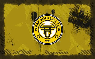 Perak FC grunge logo, 4k, Malaysia Super League, yellow grunge background, soccer, Perak FC emblem, football, Perak FC logo, Perak FC, Malaysian football club, FC Perak
