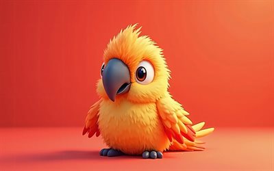 漫画の黄色のオウム, 4k, 3d鳥, ミニマリズム, オレンジ色の背景, 漫画のオウム, 3dオウム, 漫画の鳥, オウムのミニマリズム
