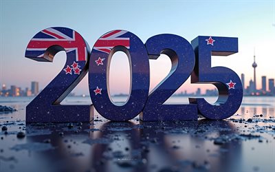 2025 nya zeeland, 4k, kväll, solnedgång, nya zeeland 2025 siffror, 3d  konst, nya zeelands flagga, 2025 3d  siffror, auckland, nya zeeland, 2025 koncept