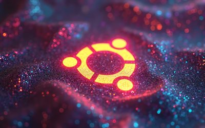 ubuntuオレンジグリッターロゴ, 4k, クリエイティブ, 紫色のキラキラの背景, ブランド, ubuntu neonロゴ, osロゴ, ubuntu抽象ロゴ, アートワーク, ubuntuロゴ, ubuntu 3dロゴ, ubuntu, linux ubuntu