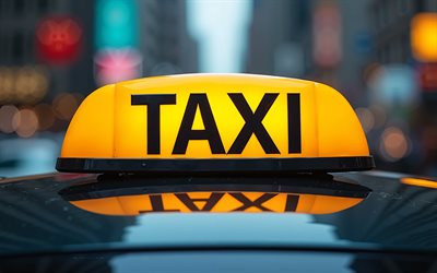 taxischild auf autodach, 4k, taxikonzepte, taxiauto  dach, nacht, gelbes taxischild, taxiauto, taxi