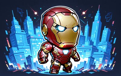 4k, Iron Man, blue abstract cityscape, superheroes, chibi art, Marvel Comics, Iron Man chibi, abstract art, Iron Man minimalism, fan art, Iron Man 4K