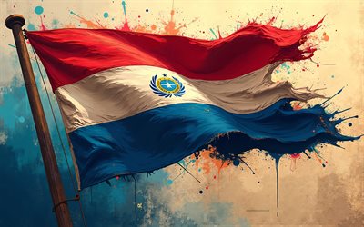 bandeira paraguai, bandeira do paraguai no mastro da bandeira, paraguayan tint splashes spand, arte grunge, bandeira do paraguai, paraguai