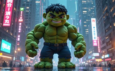 hulk, 4k, supereroi, giocattolo di peluche di supereroi hulk, paesaggio urbano, toy soft da supereroe hulk, giocattolo hulk, arte creativa