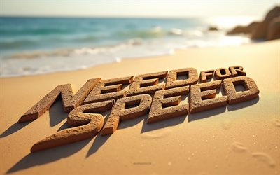 logo need for speed, 4k, nfs, été, logo de vitesse need for speed ​​en sable, plage, logo 3d need for speed, sable, need for speed ​​emblem, besoin de vitesse