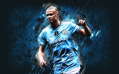 erling haaland, manchester city fc, calciatore norvegese, haaland man city, sfondo di pietra blu, uomo città, premier league, inghilterra, calcio, erling haaland manchester city
