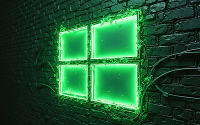 windows 10グリーンネオンロゴ, 4k, クリエイティブ, 緑のレンガ科の背景, ブランド, windows 10ネオンロゴ, osロゴ, windows 10抽象ロゴ, アートワーク, windows 10ロゴ, windows 10 3dロゴ, windows 10