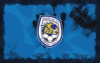 petaling jaya city fc grunge logo, 4k, malesia super league, sfondo blu grunge, calcio, emblema fc di petaling jaya city fc, logo fc di petaling jaya city fc, petaling jaya city fc, club di calcio malese, petaling jaya city