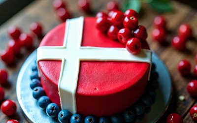 Denmark flag painted on cake, 4k, Danish flag, baking, Denmark, cake with berries, flag of Denmark, cake with the Danish flag, cake like Danish flag, Denmark flag