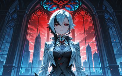 4k, Arlecchino, church, Genshin Impact, red eyes, stained glass windows, anime characters, artwork, night, Genshin Impact characters, Arlecchino Genshin Impact
