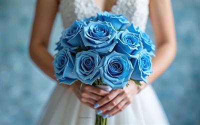 rosas azules en manos de novia, 4k, ramo de novias, ramo de rosas azules, bouquet de boda, plantillas de boda, conceptos de boda, rosas azules