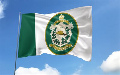Kitchener flag on flagpole, 4K, Canadian cities, blue sky, flag of Kitchener, wavy satin flags, Kitchener flag, cities of Canada, flagpole with flags, Day of Kitchener, Canada, Kitchener