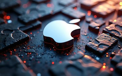アップルメタルロゴ, 4k, ボケ, 石の背景, ブランド, オレンジ色のまぶしさ, apple 3dロゴ, アートワーク, アップルロゴ, りんご