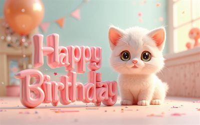 お誕生日おめでとう, 白い子猫, 4k, お誕生日おめでとう3dインスプティション, 3d漫画の白いふわふわジンジャー子猫, お誕生日おめでとうございます, お誕生日おめでとうコンセプト, 白猫のお誕生日おめでとう背景