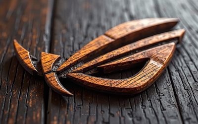 logo rog, 4k, arte creativa, logo rog 3d brown wooden, asus rog, backound in legno nero, repubblica dei giocatori, logo rog 3d, rog, emblema 3d rog