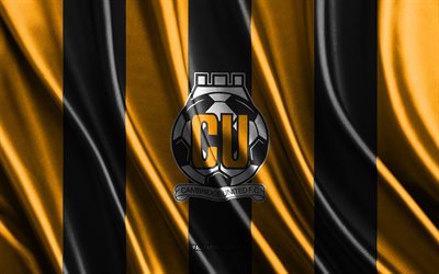 4k, cambridge united fc logo, liga eins, gelbe schwarze seidenstruktur, cambridge united fc flagge, englischer fußballverein, fußball, seidenflagge, cambridge united fc emblem, england, cambridge united fc abzeichen, cambridge united fc
