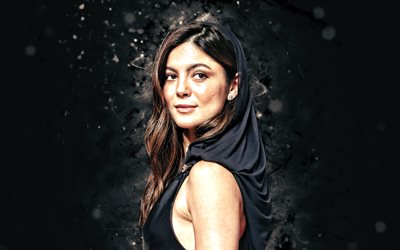 4k, monica barbaro, luci al neon bianca, attrice americana, hollywood, bellezza, star americane, sfondo astratto nero, attrice popolare, celebrità americana, star del cinema, monica barbaro 4k