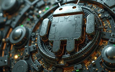 logo android, 4k, meccanismo di platino, logo android 3d metal, emblema android, android, art meccanico, arte creativa, logo 3d android, robot android