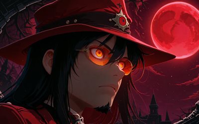 4k, Alucard, close-up, red moon, castle, Hellsing, Count Dracula, manga, Dorakyura, night, Hellsing manga, Alucard character, Alucard art, Hellsing characters, Alucard Hellsing