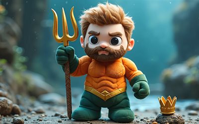 aquaman, 4k, supereroi, giocattolo peluche di supereroi acquaman, paesaggio urbano, aquaman superhero soft toy, giocattolo aquaman, arte creativa