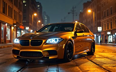 4k, Golden BMW M5, bokeh, headlights, F10, tuning, street, nightscape, BMW M5, BMW M5 F10, german cars, BMW
