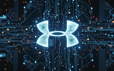 logo under armor, 4k, fond bleu haute technologie, sous d'armure blue neon logo, lumière néon bleue, radiographie, emblème de sous armure, logo sous l'armure 3d, sous l'armure, logo blue under armor