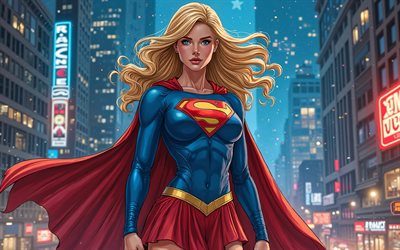 4k, Supergirl, comics art, superheroes, DC Comics, nightscape, fan art, Supergirl 4K