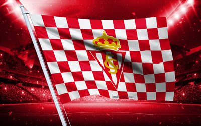 4k, logotipo de sporting gijon, club de fútbol español, bandera del estadio, flanta de fanses de gijon sporting, bandera blanca roja, emblema de gijón sporting, segunda, españa, fútbol americano, gijón deportivo