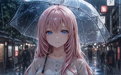 4k, Megurine Luka, rain, CV03, Vocaloid, umbrella, close-up, pink star, pink hair, Vocaloid 03, abstract art, Character Vocal Series, Luka Megurine, Vocaloid characters, Megurine Luka Vocaloid