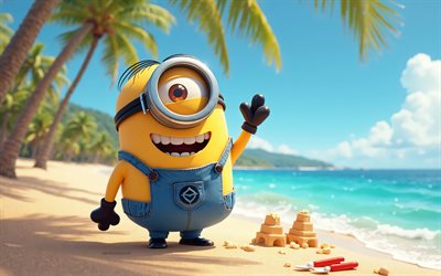 stuart, serviteur, 4k, été, plage, un moi méprisable, voyage d'été, sbires, stuart sur la plage, despicable me personnages, minion sur la plage, minions paradise, stuart me méprisait