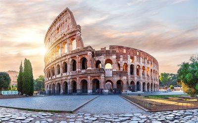 colosse, 4k, été, amphithées, coucher de soleil, remarques à rome, villes italiennes, rome, italie, europe, paysages urbains de rome, coupes italiennes, amphithéât flavium