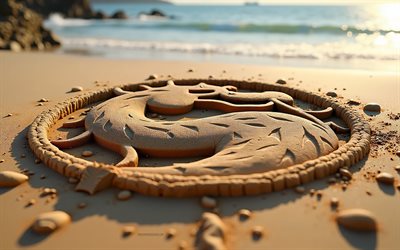 logo mortel kombat, 4k, été, logo mortel kombat en sable, plage, logo de kombat mortel 3d, sable, emblème de kombat mortel, kombat mortel