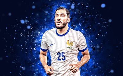 4k, rayan cherki, blå abstrakt bakgrund, frankrikes nationella fotbollslag, franska fotbollsspelare, rayan cherki 4k, blå neonljus, fotboll, landslag, rayan cherki france team, fff