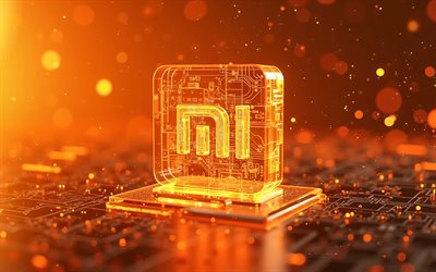 Xiaomi orange logo, 4k, orange glowing Xiaomi logo, X-ray, Xiaomi emblem, orange hi-tech background, Xiaomi 3d logo, Xiaomi