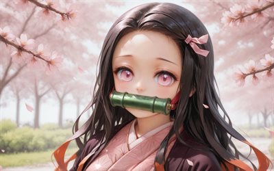 4k, Nezuko Kamado, spring, bokeh, Demon Slayer, cherry blossom, protagonist, kimono, Demon Slayer Kimetsu no Yaiba, manga, Kamado Nezuko, Demon Hunter, Nezuko Kamado Kimetsu no Yaiba