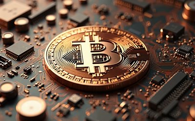 Bitcoin 3d bronze logo, 4k, cryptocurrency, bronze motherboard, Bitcoin logo, Bitcoin emblem, Bitcoin coin, bronze technology background, Bitcoin, background with Bitcoin